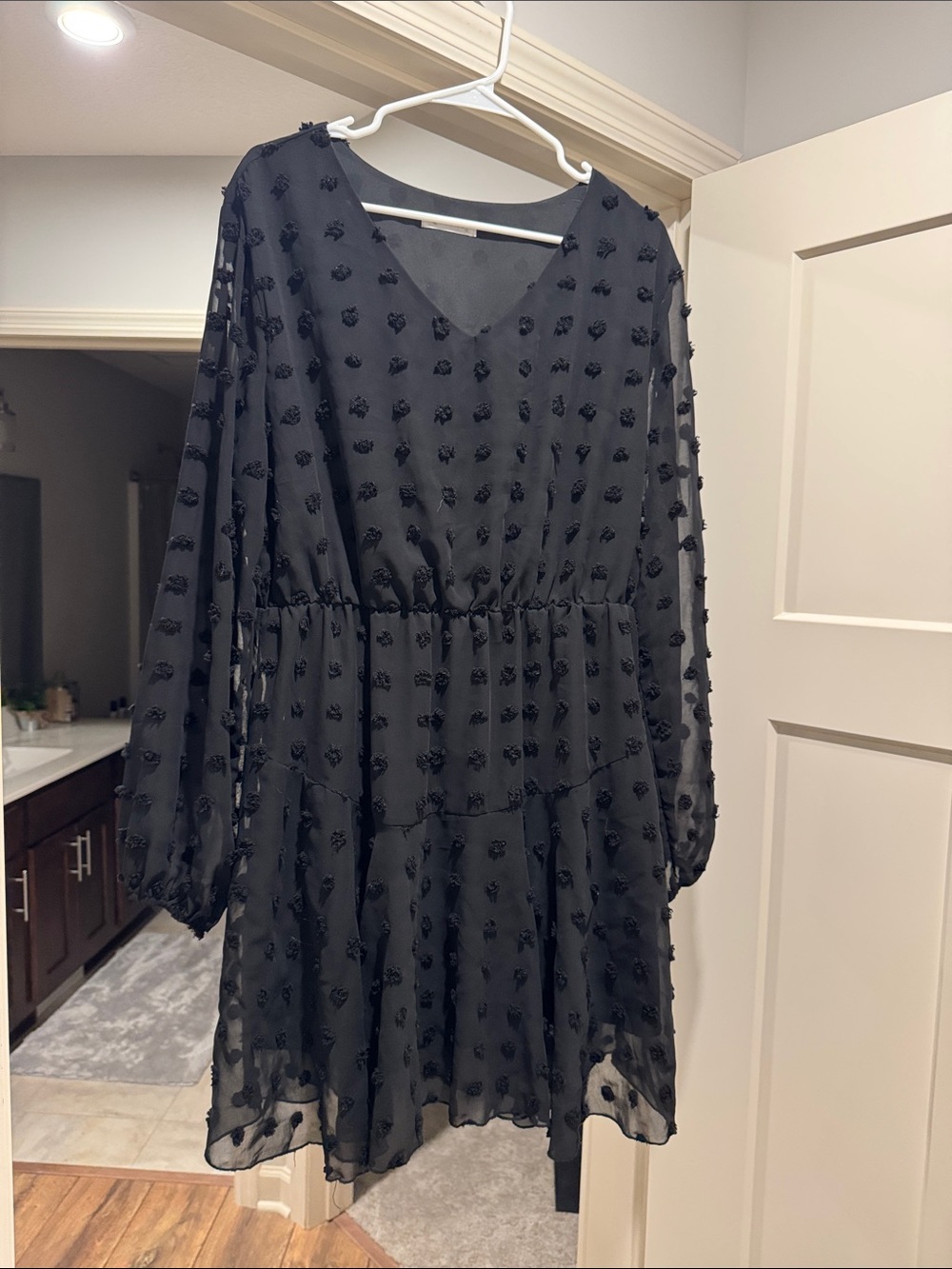 Black Textured Long-Sleeve V-Neck Tiered Dress